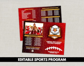 May include: A folded sports program for the Central High School Football Banquet featuring a red and dark brown background with white football play diagrams. The cover displays an eagle mascot logo, text, and a graphic of a white football lace.