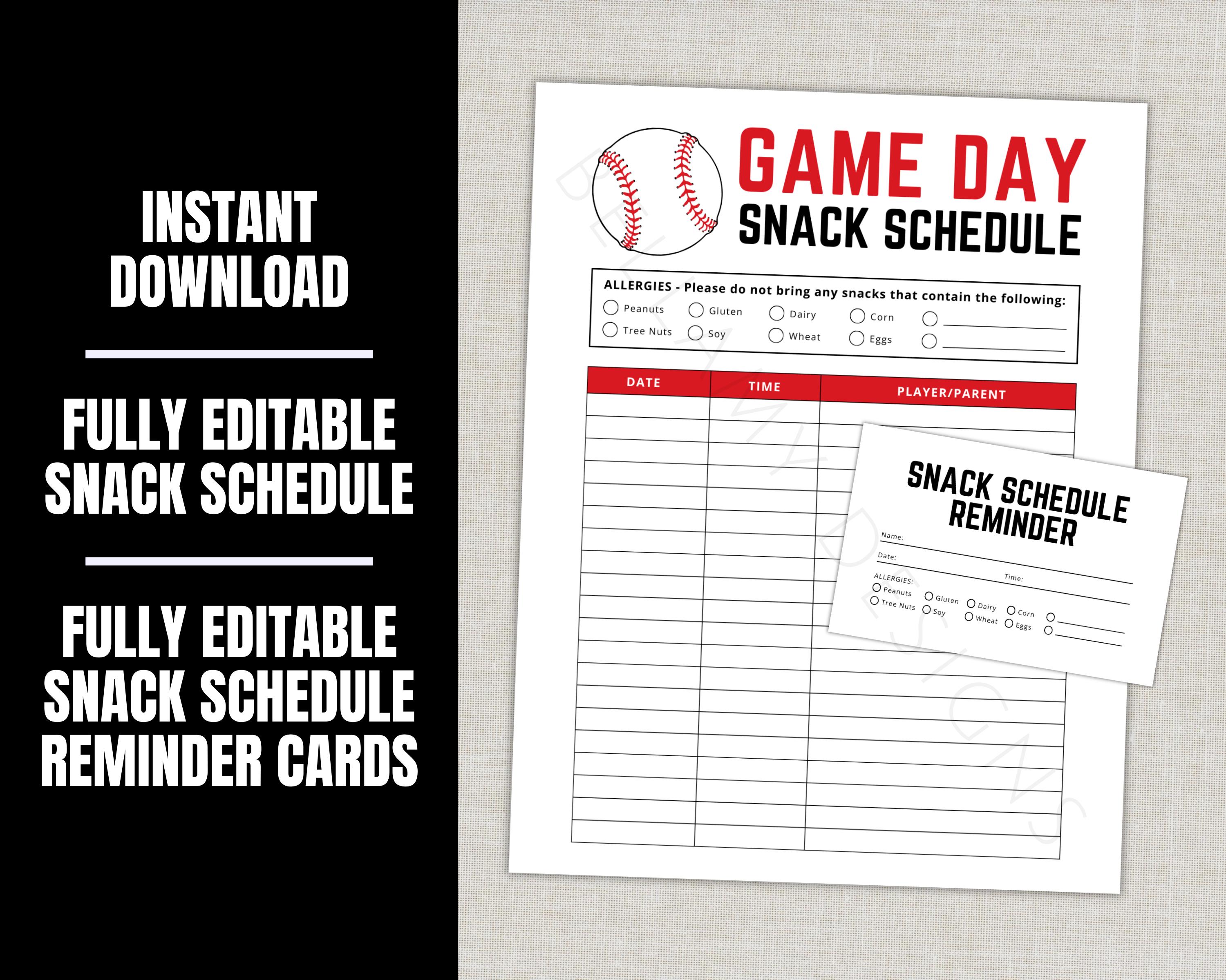 EDITABLE Baseball Snack Schedule Sign up Sheet, Baseball Team Tball ...