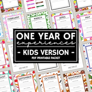 Op de afbeelding: Een verzameling printbare maandelijkse ervaringsplanners voor kinderen, met kleurrijke seizoensgebonden randen voor elke maand van het jaar. Een centraal zwart rechthoekig bord toont de witte tekst ONE YEAR OF experiences - KIDS VERSION - PDF PRINTABLE PACKET.