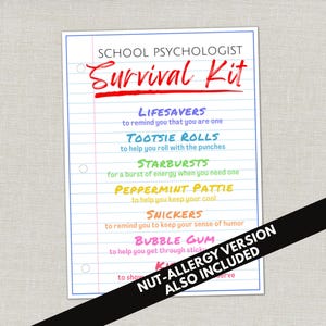 May include: A rectangular card designed like lined notebook paper with three binder holes on the left. The text reads School Psychologist Survival Kit in red and black, followed by a list of candy items and their meanings in various colors.