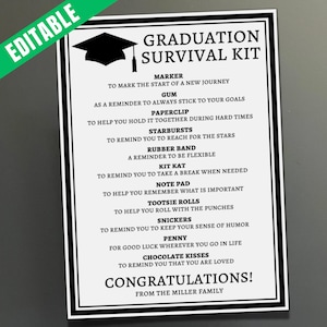 Etiquetas de regalo editables para el kit de supervivencia de graduación, regalos para la fiesta de graduación, etiquetas de graduación para estudiantes de último año de la escuela secundaria y la universidad, etiquetas de graduación para estudiantes de último año de la clase de 2025