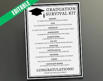 Editable Graduation Survival Kit Gift Tags, Graduation Party Favors, High School Grad College Grad, Seniors Class of 2025 Graduation Tags