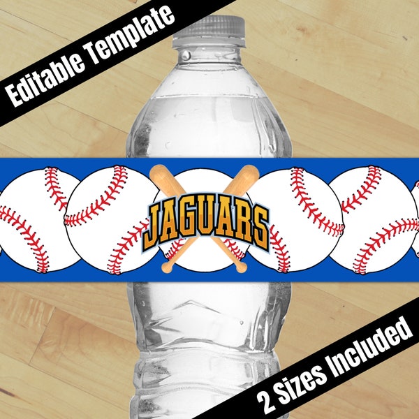 Editable Baseball Water Bottle Wrapper Label, Baseball Printable Party Favor, Team Goody Bags for Kids Teams Coaches Sports Theme Party