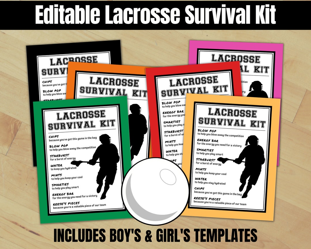 Editable Lacrosse Survival Kit Tags, Boys & Girls Lacrosse Treat Tags