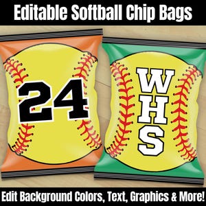 Softball Chip Bag, Edytowalna torba na chipsy do wydrukowania, Upominki na imprezę w postaci torebek z upominkami dla trenerów drużyn dziecięcych, Mama softball, Szablony treningów sportowych