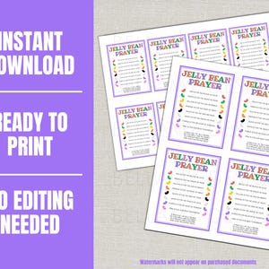 May include: Sheets of printable "Jelly Bean Prayer" cards. Each card features a colorful border and a poem explaining the meaning of different jelly bean colors. The words "Instant Download," "Ready to Print," and "No Editing Needed" are also visible.