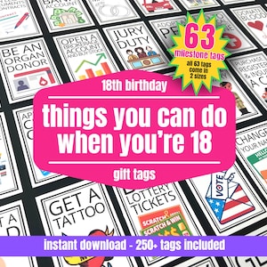 18 coisas que você pode fazer quando tiver 18 anos, conjunto de etiquetas para presente de festa de aniversário de 18 anos, brinde aos 18 anos, ideia de presente de aniversário para filha, filho ou amigo