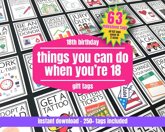 18 Things That You Can Do When You're 18, 18th Birthday Party Gift Tag Set, Cheers to 18 Years Daughter Son or Friend Birthday Gift Idea