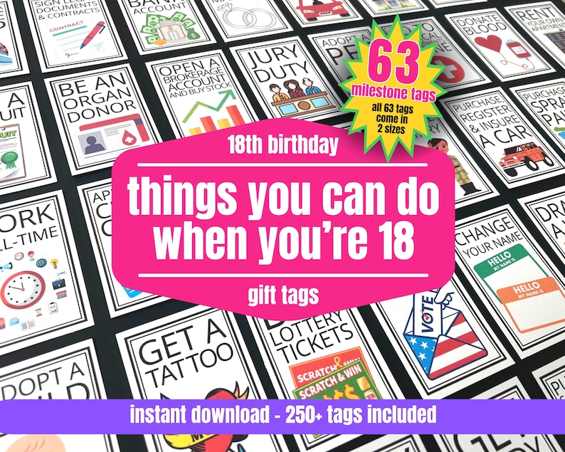 Puede incluir: Un conjunto de etiquetas de regalo en blanco y negro con varias ilustraciones y texto, incluyendo "Firmar documentos y contratos" y "Hacerse un tatuaje". Una pancarta rosa dice "cosas que puedes hacer cuando tienes 18 a&ntilde;os". Una estrella verde dice "63 etiquetas de hitos".