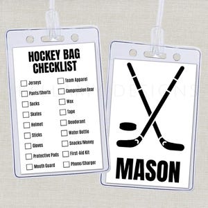 May include: Two clear plastic hockey bag tags. One tag features a checklist with items like jerseys and skates. The other tag displays crossed hockey sticks, a puck, and the name "MASON" in bold black letters.