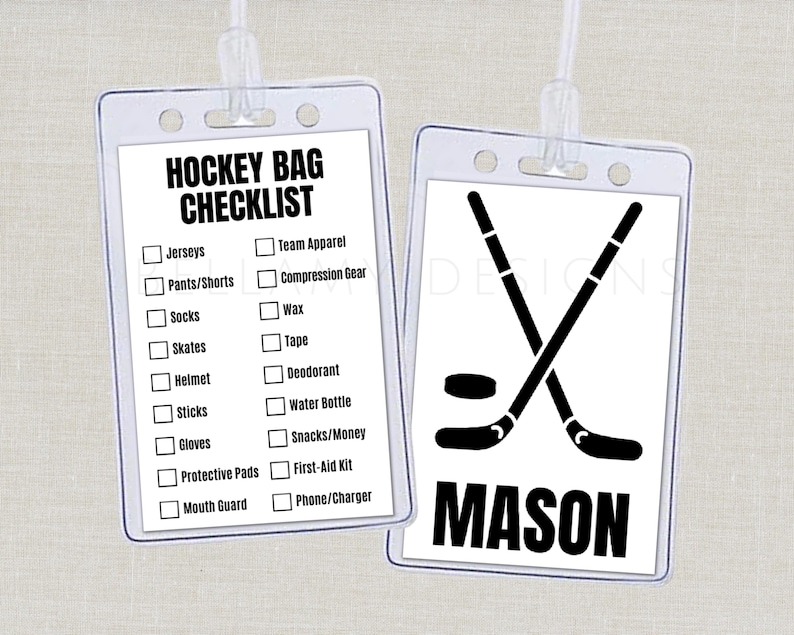 May include: Two clear plastic hockey bag tags. One tag features a checklist with items like jerseys and skates. The other tag displays crossed hockey sticks, a puck, and the name "MASON" in bold black letters.