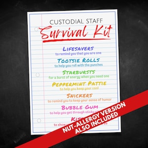 Custodial Staff Survival Kit Gift Tags, School Custodian or Janitorial Staff Appreciation Thank You Cards, Janitor Appreciation Bag Tag