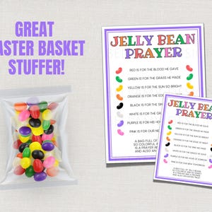 May include: A clear plastic bag filled with colorful jelly beans, next to two printed cards. The cards feature the text "Jelly Bean Prayer" and a list of colors with associated meanings. The text "Great Easter Basket Stuffer!" is also visible.