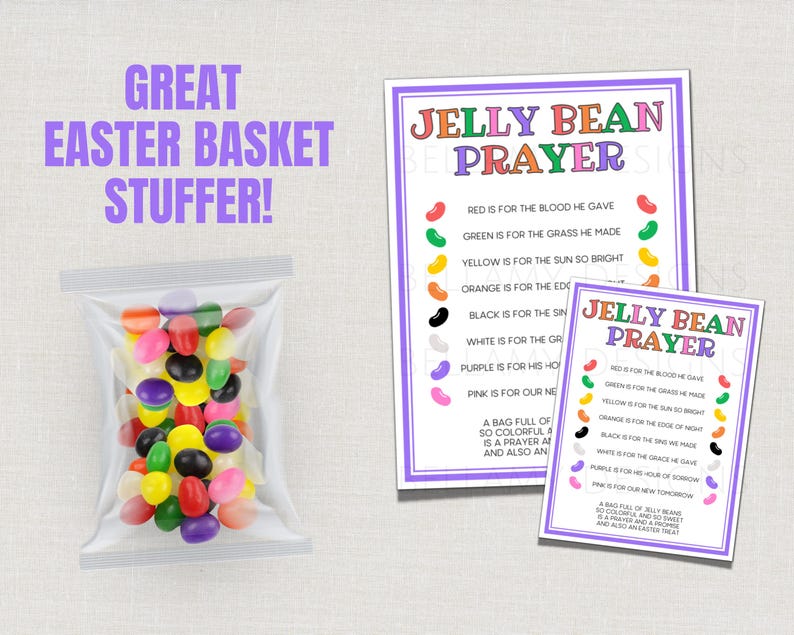 May include: A clear plastic bag filled with colorful jelly beans, next to two printed cards. The cards feature the text "Jelly Bean Prayer" and a list of colors with associated meanings. The text "Great Easter Basket Stuffer!" is also visible.
