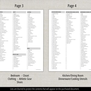 May include: Two-page document with lists of items for organizing various areas of a home. Page 3 lists bedroom, closet, clothing, athletic gear, and shoes. Page 4 lists kitchen/dining room and dinnerware/cooking utensils. Text at the bottom reads: Lists are blurred to protect the contents.