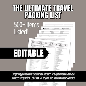 Ultimate Travel Packing List, Printable Packing Planner List Planner, Vacation Packing Checklist, Travel Vacation Organization Printable