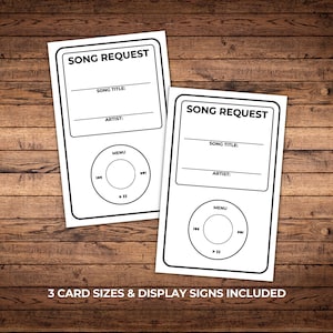 Tarjetas y letreros para solicitar canciones, etiquetas imprimibles para DJ de karaoke, recepción de boda, fiesta de graduación, tarjeta para reproductor de música