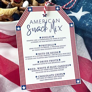 Etiquetas de mistura de lanches americanos, cartões de presente ou lembrancinhas vermelhos, brancos e azuis para impressão para lembrancinhas de festa de sacolinhas de guloseimas, guloseimas de 4 de julho, mistura de lanches patrióticos