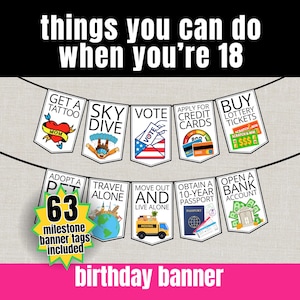 Puede incluir: Una pancarta de cumpleaños con dos filas de banderines blancos con texto e ilustraciones en negro sobre actividades para los 18 años. El texto superior dice things you can do when you're 18. Un gráfico de estrella amarilla indica 63 milestone banner tags included.