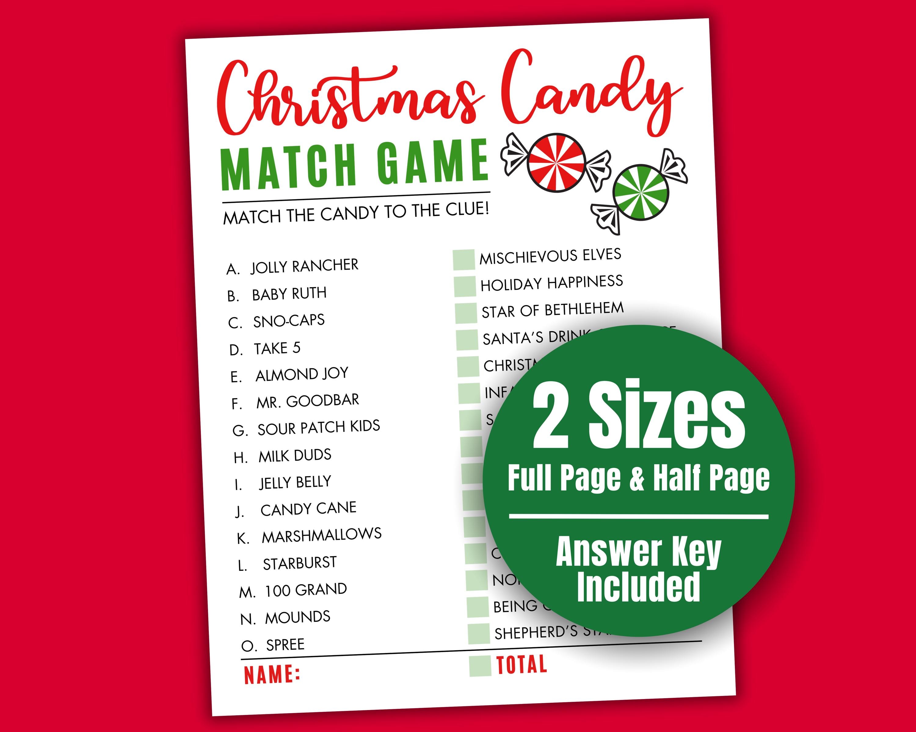 christmas candy match game printable, xmas candy trivia quiz