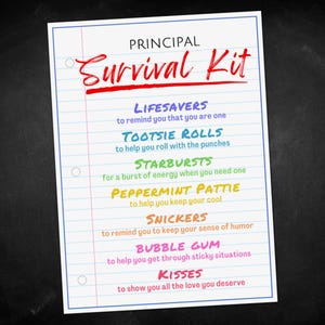 Cadeaukaartje schoolhoofd Survival Kit, bedankkaartje schooldirecteur, waardering goodiebag schoolhoofd en onderdirecteur Feestartikelen