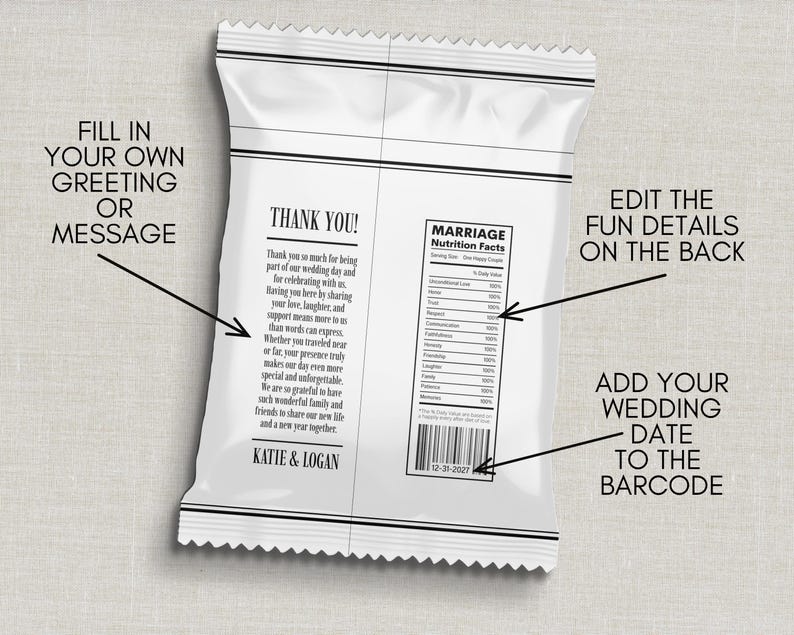 May include: White wedding favour bag with black text that reads "THANK YOU!" and "KATIE & LOGAN." The bag includes a "MARRIAGE Nutrition Facts" label and instructions to edit details and add a wedding date to the barcode.