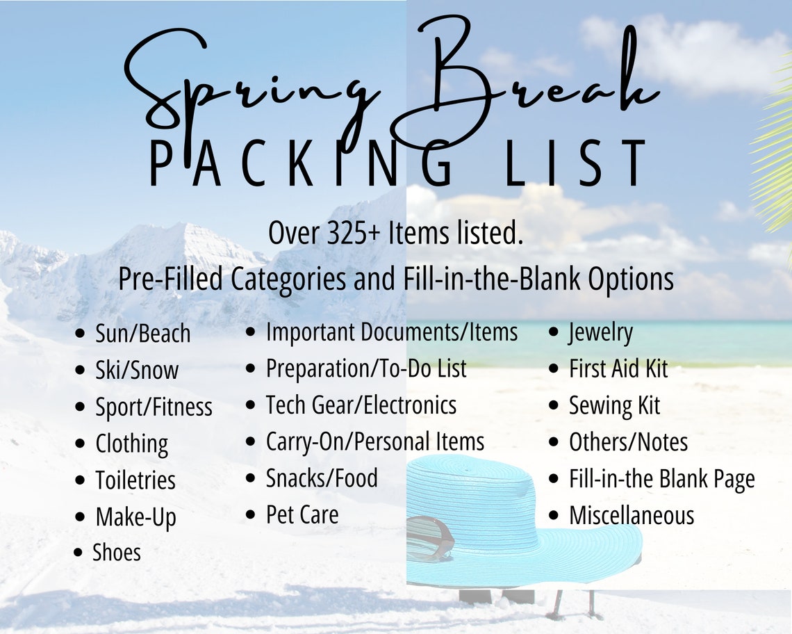 Spring Break Packing List Planner Vacation Packing Checklist Etsy