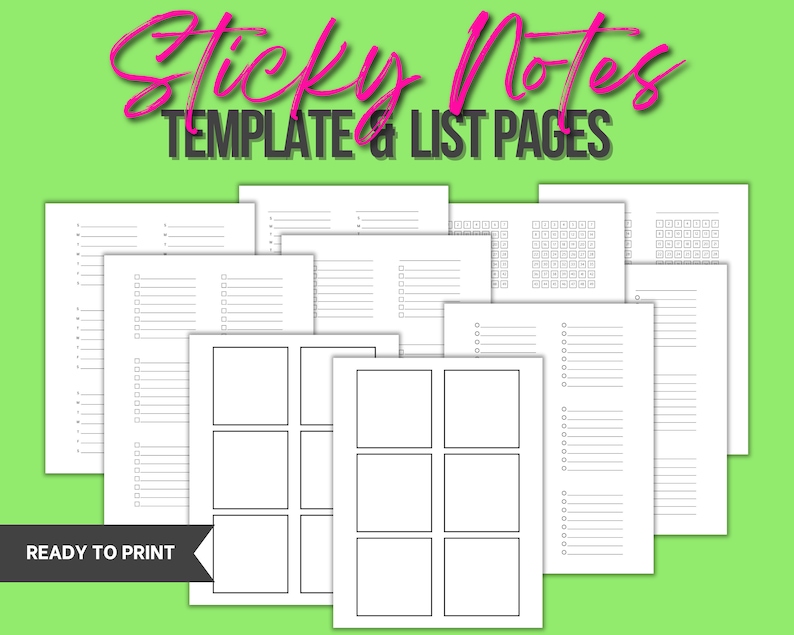 May include: A set of printable sticky note templates and list pages. The pages are ready to print and include various layouts, such as grid, lined, and blank.
