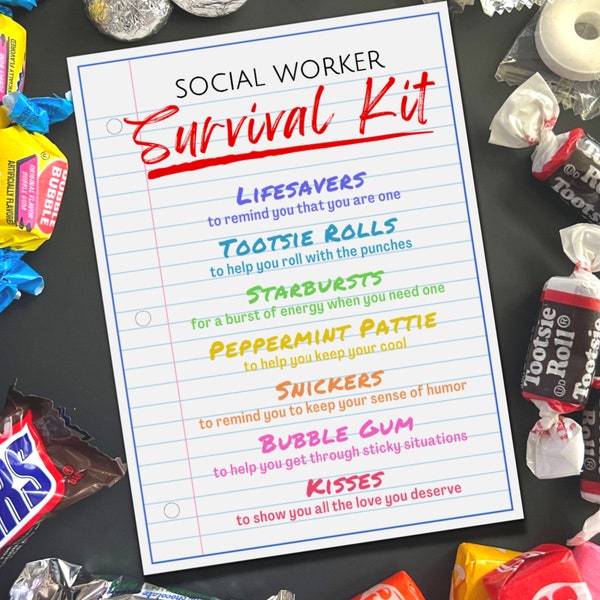 Social Worker Survival Kit Gift Tags, Social Worker Appreciation Thank You Cards, Social Worker Gift Idea and Goody Bags Treat Idea