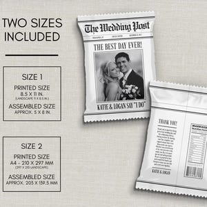 May include: White wedding favour bags designed to resemble newspapers, with the headline "The Best Day Ever!" and a photo of a couple. The text "Katie & Logan Say 'I Do'" is also visible. Two sizes are included: 21.6 x 27.9 cm and A4.