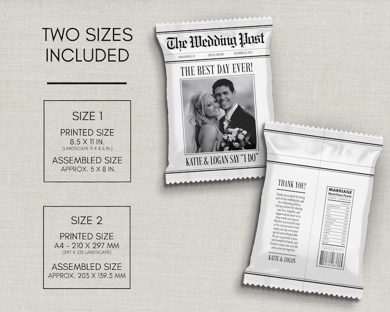 May include: White wedding favour bags designed to resemble newspapers, with the headline "The Best Day Ever!" and a photo of a couple. The text "Katie & Logan Say 'I Do'" is also visible. Two sizes are included: 21.6 x 27.9 cm and A4.