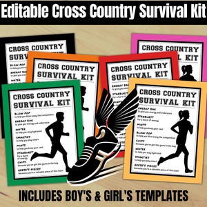 Etiquetas editáveis para kit de sobrevivência de cross country, etiquetas para guloseimas de cross country para meninos e meninas, etiqueta para sacola de brindes para lembrancinhas de festa, treinadores de times infantis e esportes
