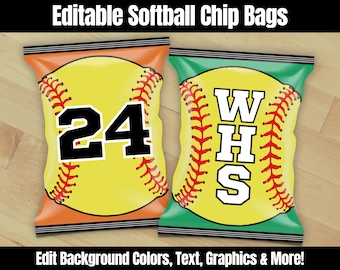 Softball Chip & Treat Bag, Editable Softball Chip Bag Printable, Softball Party Favor Goody Bags, Kids Teams Coaches Sports Theme Party