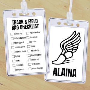 Insert d'étiquette de sac d'athlétisme modifiable, étiquette personnalisée de la liste de contrôle de l'équipement de piste, étiquette de nom de liste de contrôle d'équipement de piste, étiquette de sac à dos de sport de club d'école, liste de colisage de piste