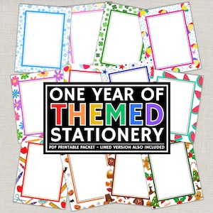 May include: A selection of printable stationery featuring themed borders such as snowflakes, shamrocks, umbrellas, and watermelons. The central text reads "ONE YEAR OF THEMED STATIONERY" in colourful letters, with a note that a lined version is also included.