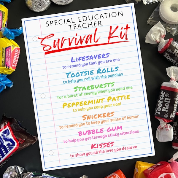 Special Education Teacher Survival Kit Gift Tag, Special Ed. Appreciation Thank You, Special Ed. Employee Staff Treat Bag Tag Goody Bags