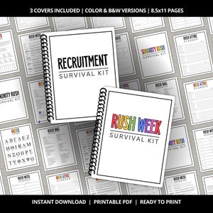 May include: Two spiral-bound notebooks with the text "Recruitment Survival Kit" and "Rush Week Survival Kit" in black and white. Surrounding the notebooks are several sheets of paper with various headings, including "Checklist" and "Planner".