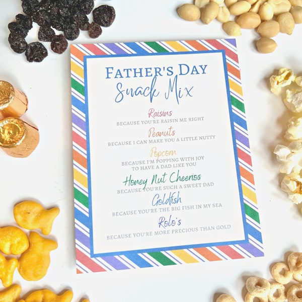 Father's Day Snack Mix Printable Gift Tags, Treat Cards, School & Church Handouts, Fun Kids Craft Idea or Neighbor Gift