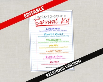 EDITABLE Religious Back to School Survival Kit Gift Tag, Teacher & Staff Appreciation, PTO PTA Welcome Back 1st Day Goodie Bag Party Favors
