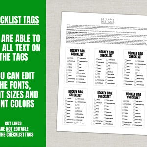 May include: A printable checklist tag design with the text "Checklist Tags" in a green box. The text "You are able to edit all text on the tags" is also visible. The design includes editable fonts, sizes, and colors.
