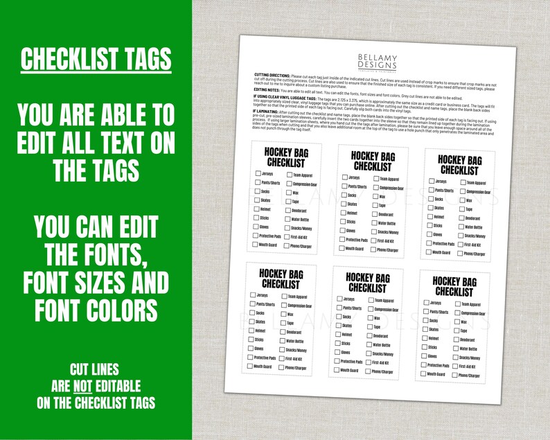 May include: A printable checklist tag design with the text "Checklist Tags" in a green box. The text "You are able to edit all text on the tags" is also visible. The design includes editable fonts, sizes, and colors.