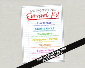 Tax Professional Survival Kit Gift Tags, Tax Preparation Appreciation Thank You, Tax Season CPA Accountant Bookkeeper Staff Goodie Bag Tag