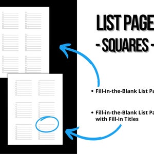 May include: Two printable pages with a grid of squares for creating lists. The top page has six squares, and the bottom page has four squares. The text "LIST PAGE - SQUARES -" is visible in the image. The text "Fill-in-the-Blank List Page" and "Fill-in-the-Blank List Page with Fill-in Titles" is also visible in the image.