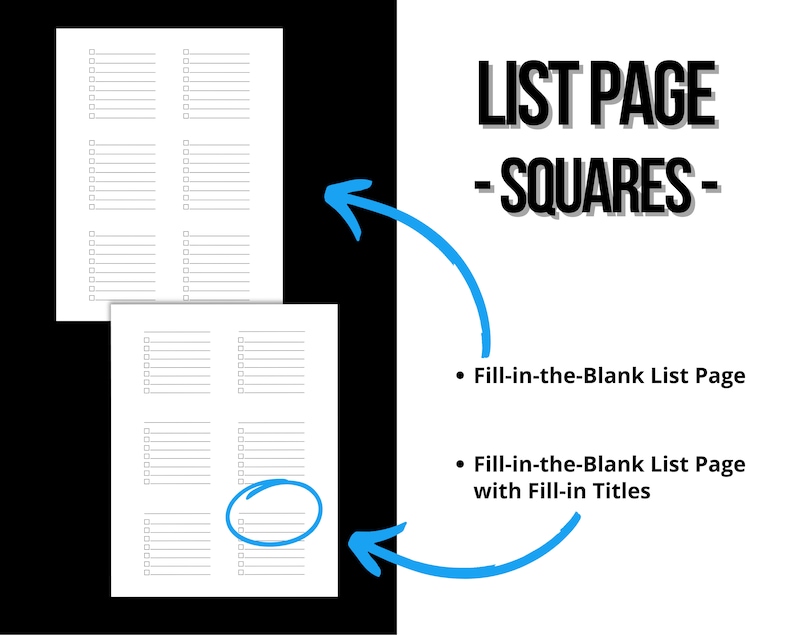May include: Two printable pages with a grid of squares for creating lists. The top page has six squares, and the bottom page has four squares. The text "LIST PAGE - SQUARES -" is visible in the image. The text "Fill-in-the-Blank List Page" and "Fill-in-the-Blank List Page with Fill-in Titles" is also visible in the image.
