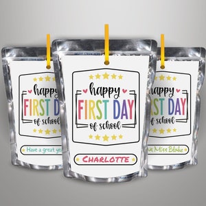 First Day of School Juice Pouch Labels Wrappers, 1st Day of School for Students Teachers Goodie Bag Party Favors, Class Treat Gift Tags