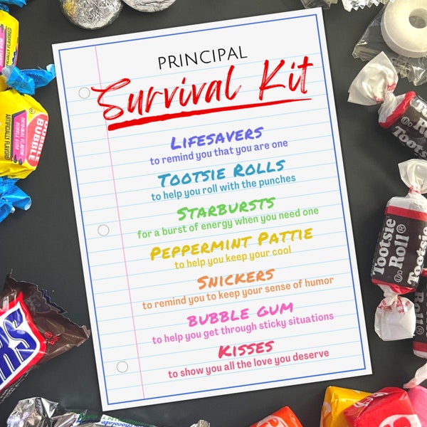 Principal Survival Kit Gift Tags, School Principal Day Thank You Card, Principal & Vice Principal Appreciation Admin Professional Goody Bags