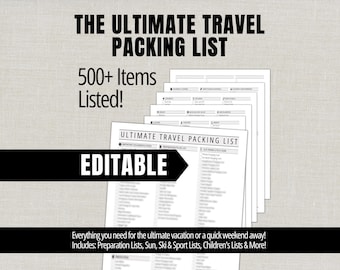 Ultimate Travel Packing List, Printable Packing Planner List Planner, Vacation Packing Checklist, Travel Vacation Organization Printable