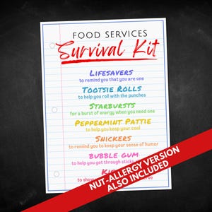 Food Services Survival Kit Gift Tags, Cafeteria Crew Appreciation Gifts, Lunch Lady Gift Basket, School Lunchroom, Bag Tag for Party Favors