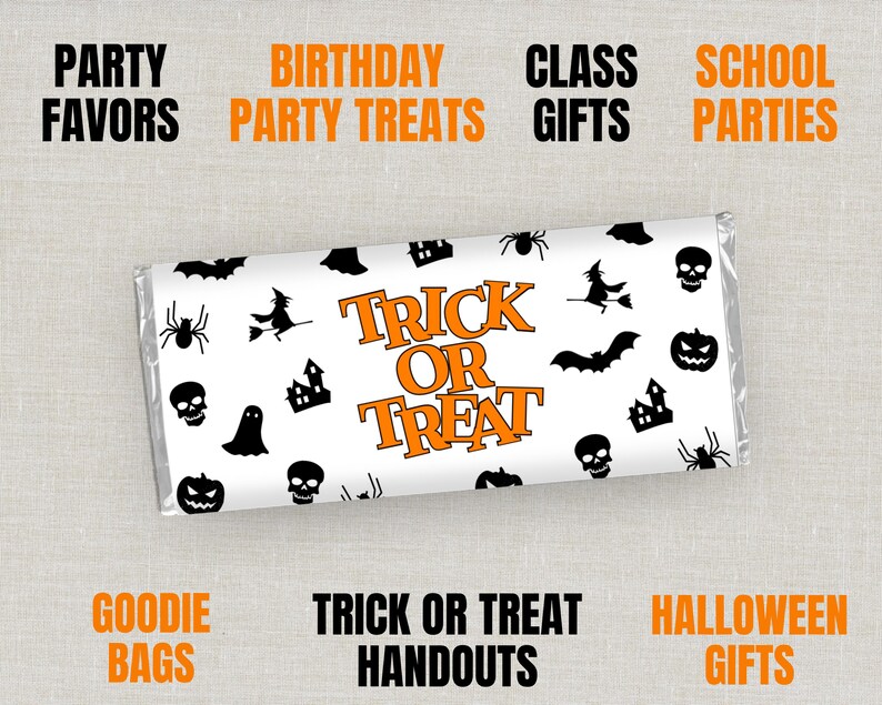 Envoltorio para barras de chocolate de Halloween, envoltorio para barras de chocolate, obsequios para bolsitas de dulces para fiestas, regalos para pedir dulces, regalos para fiestas escolares, envoltorio para dulces imagen 4