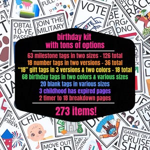 Puede incluir: Una colecci&oacute;n de varias etiquetas con diferentes dise&ntilde;os y texto, incluyendo "birthday kit with tons of options". Las etiquetas presentan frases como "Vote", "Get a Loan" y "Gamble on a Cruise Ship". La imagen tambi&eacute;n incluye una lista de art&iacute;culos.